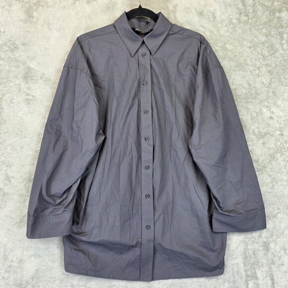Zara Shirt Womens Medium Gray Button Down Oversized Back Pleat Long Sleeve Top - Picture 1 of 11